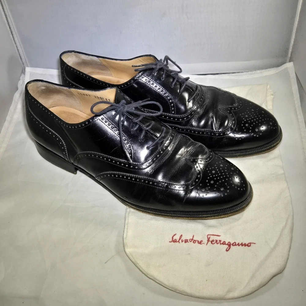Salvatore Ferragamo Wingtip Mens 11 3E Black Leather Oxford Shoes Italy